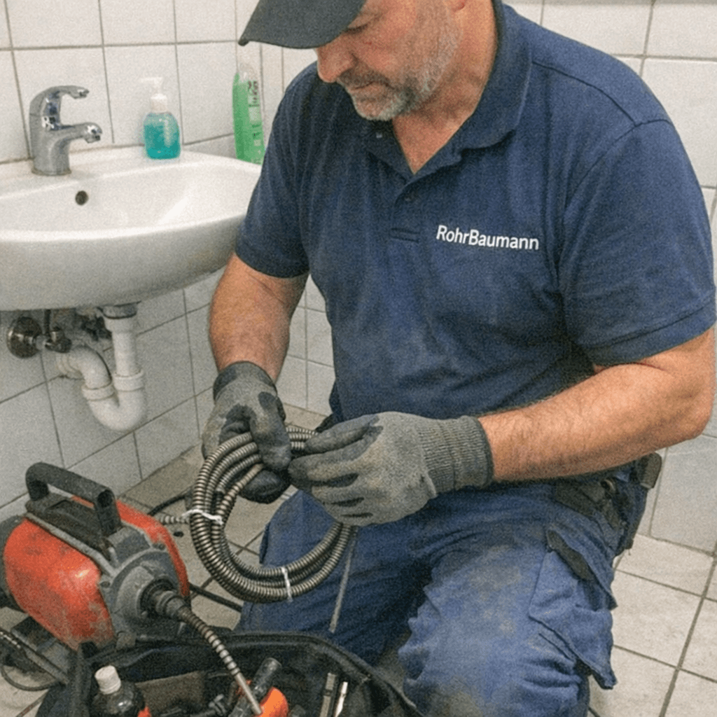 Sanitärfachkraft öffnet den Ablauf einer Duschwanne und prüft den Wasserstand mit Handschuhen